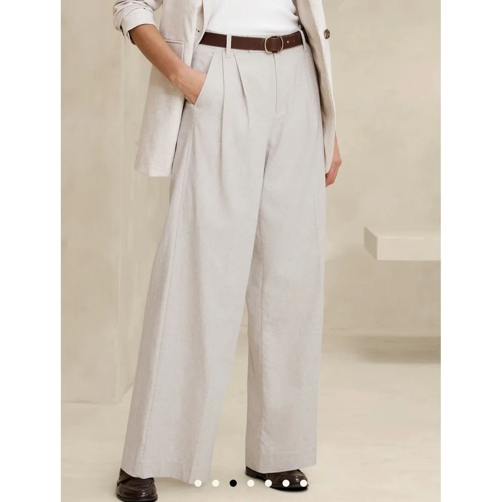 New Banana Republic Trouser Pants 14 Petite Linen‎ Blend Wide Leg Pleated Black